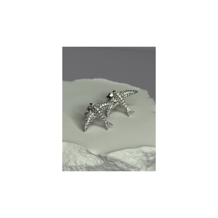 925 Sterling Silver Swallow Stud Earrings CZ Length 0.55 Inch