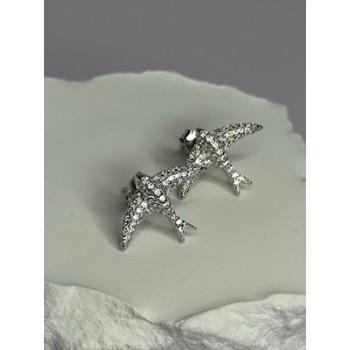 925 Sterling Silver Swallow Stud Earrings CZ Length 0.55 Inch
