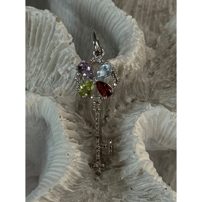 925 Sterling Silver Flower Key Multi Color Gemstones Pendant Length 1.40 inch