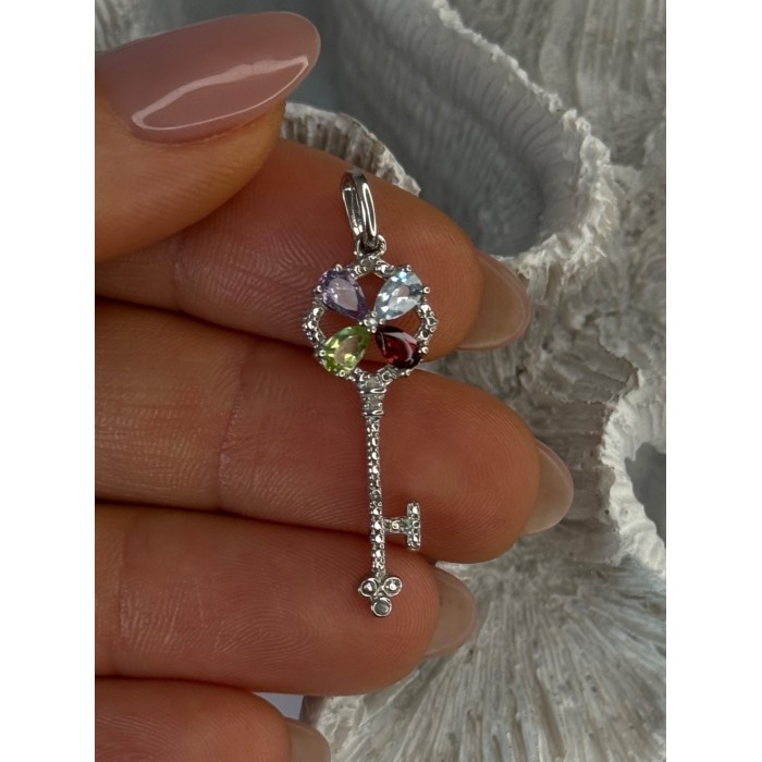 925 Sterling Silver Flower Key Multi Color Gemstones Pendant Length 1.40 inch