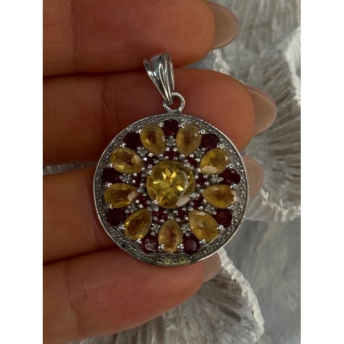 925 Sterling Silver Citrine Garnet Diamond Pendant Length 1.50 inch