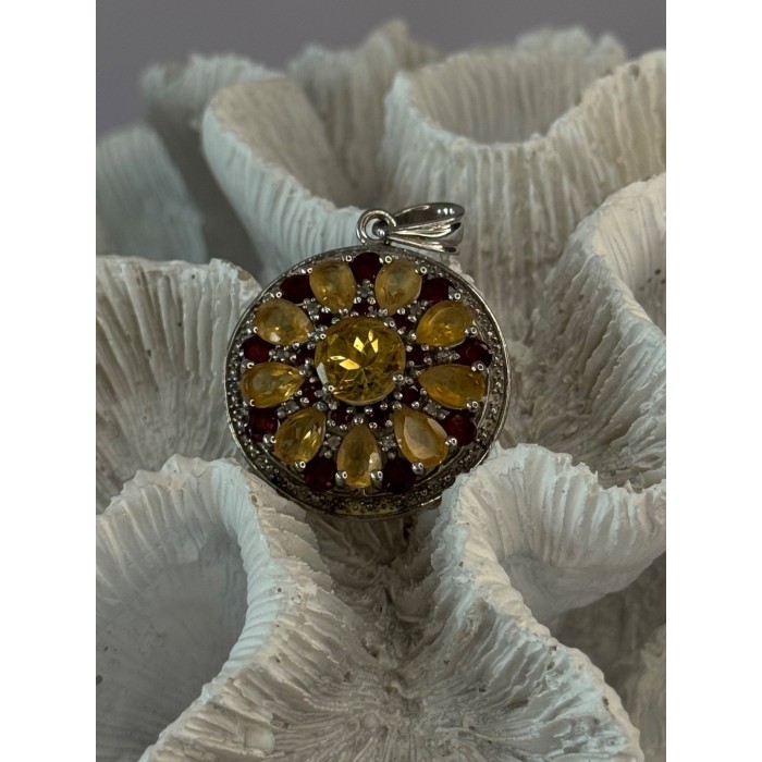 925 Sterling Silver Citrine Garnet Diamond Pendant Length 1.50 inch