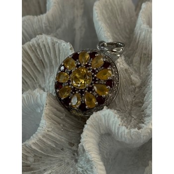 925 Sterling Silver Citrine Garnet Diamond Pendant Length 1.50 inch