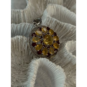 925 Sterling Silver Citrine Garnet Diamond Pendant Length 1.50 inch