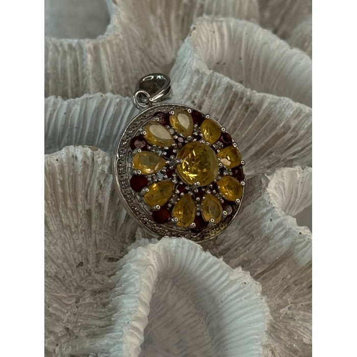 925 Sterling Silver Citrine Garnet Diamond Pendant Length 1.50 inch
