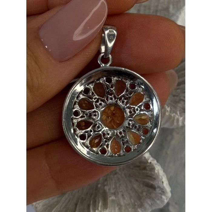 925 Sterling Silver Citrine Garnet Diamond Pendant Length 1.50 inch