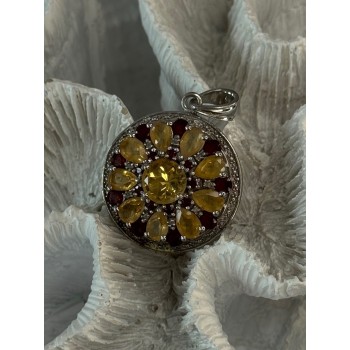 925 Sterling Silver Citrine Garnet Diamond Pendant Length 1.50 inch