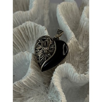 Vintage 925 Sterling Silver Onyx & Marcasite Heart Locket Pendant