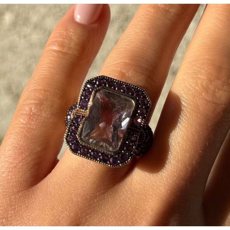 925 STERLING SILVER GOLD PLATED MORGANITE & AMETHYST RING SIZE 6