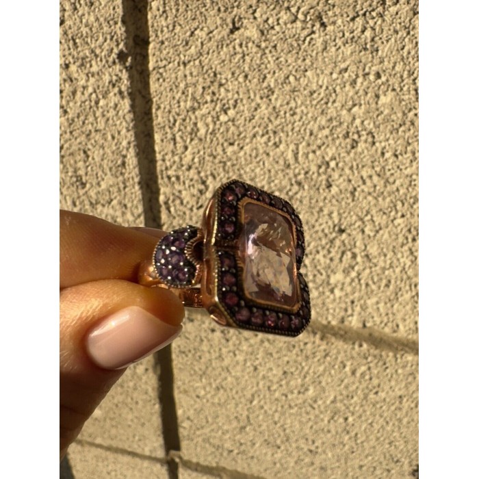 925 STERLING SILVER GOLD PLATED MORGANITE & AMETHYST RING SIZE 6
