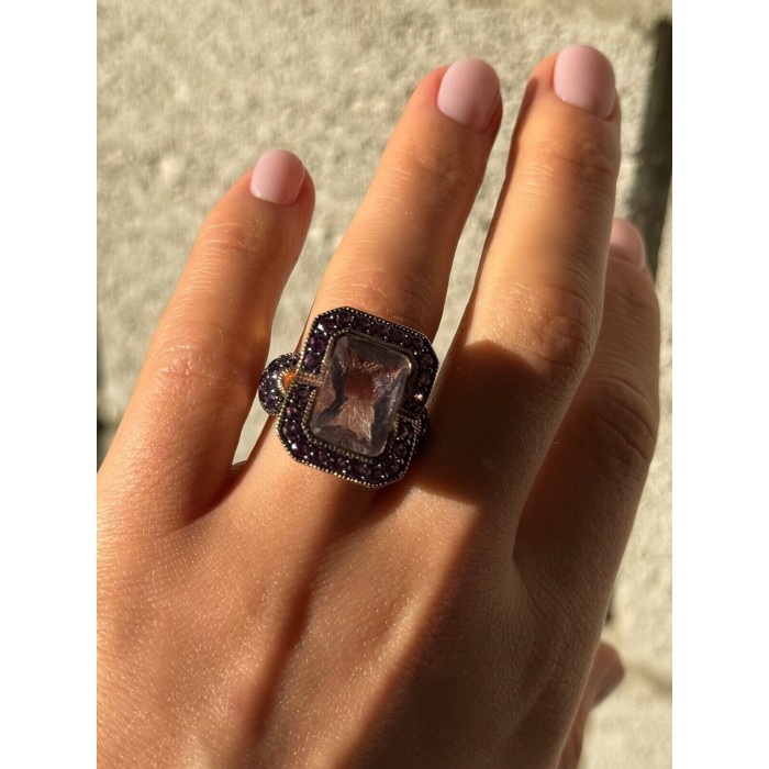 925 STERLING SILVER GOLD PLATED MORGANITE & AMETHYST RING SIZE 6