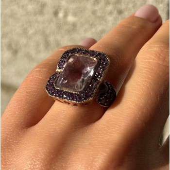 925 STERLING SILVER GOLD PLATED MORGANITE & AMETHYST RING SIZE 6