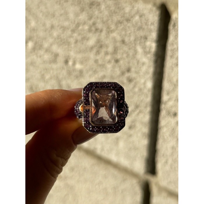 925 STERLING SILVER GOLD PLATED MORGANITE & AMETHYST RING SIZE 6