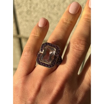 925 STERLING SILVER GOLD PLATED MORGANITE & AMETHYST RING SIZE 6