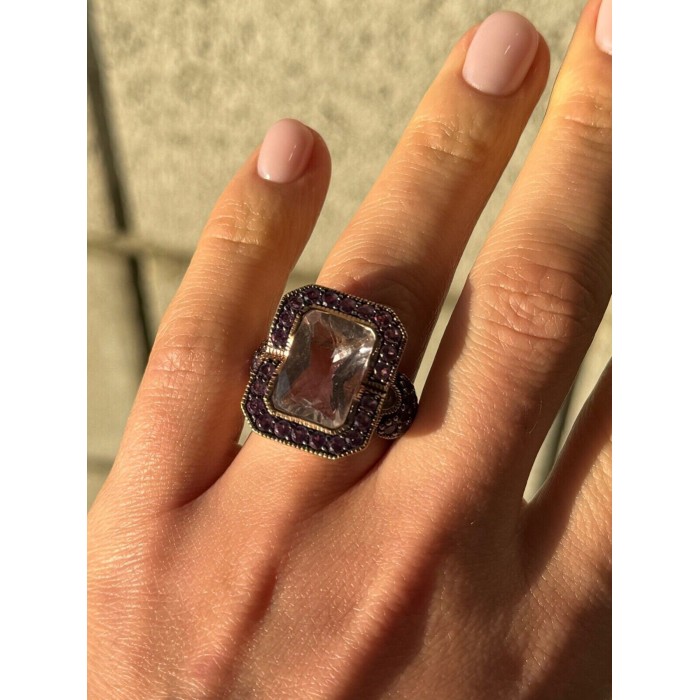 925 STERLING SILVER GOLD PLATED MORGANITE & AMETHYST RING SIZE 6