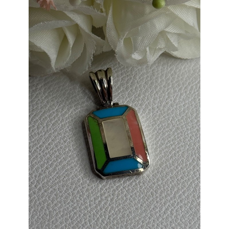 Vintage 925 Sterling Silver Abalone & Agate Pendant Length 1.40 Inch