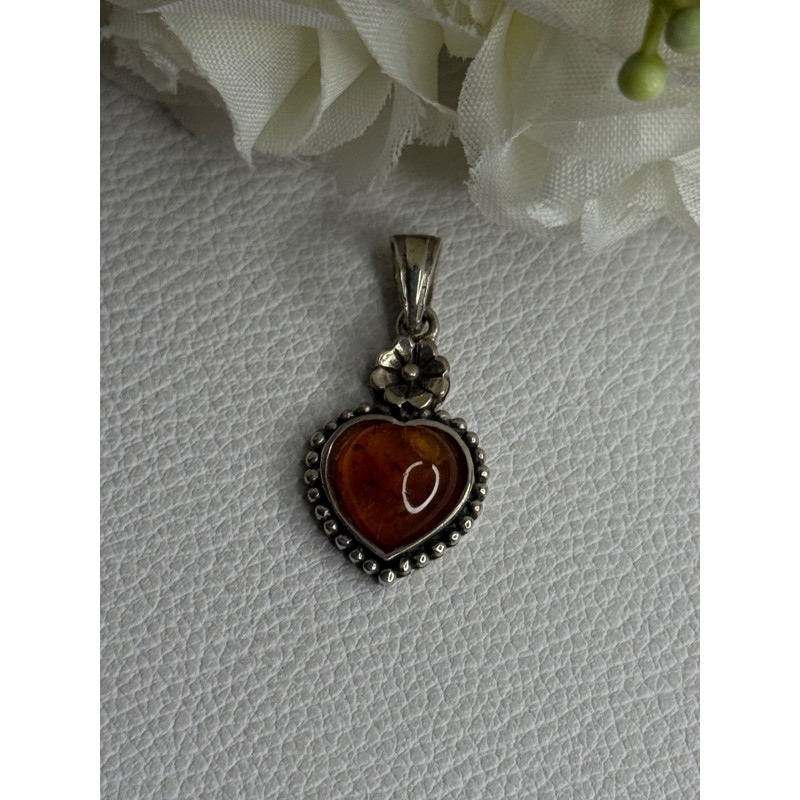 925 Sterling Silver Amber Heart & Flower Pendant Length 1.15 Inch
