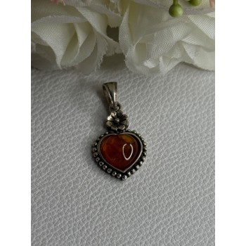 925 Sterling Silver Amber Heart & Flower Pendant Length 1.15 Inch
