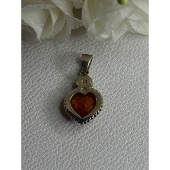 925 Sterling Silver Amber Heart & Flower Pendant Length 1.15 Inch