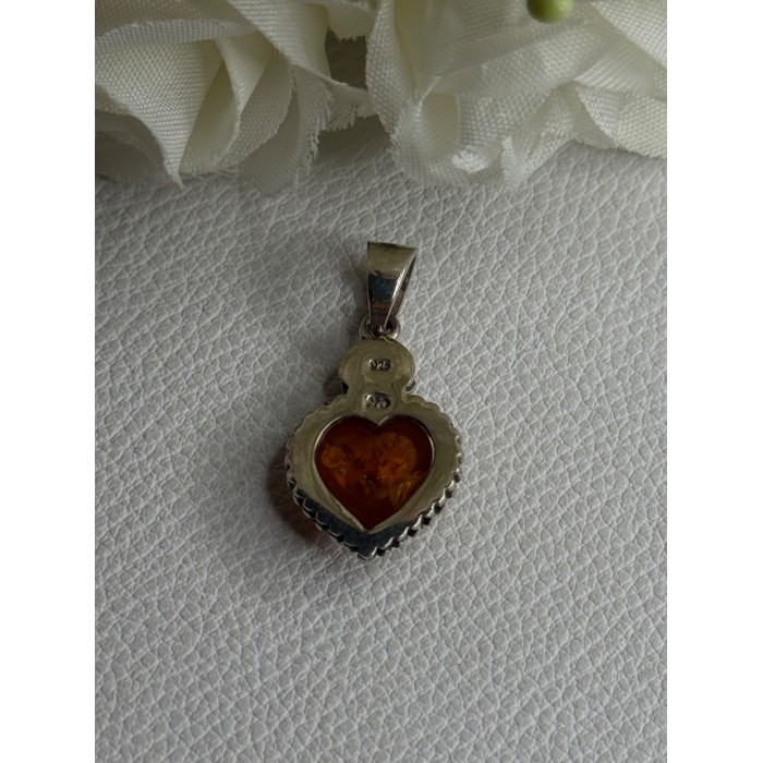 925 Sterling Silver Amber Heart & Flower Pendant Length 1.15 Inch