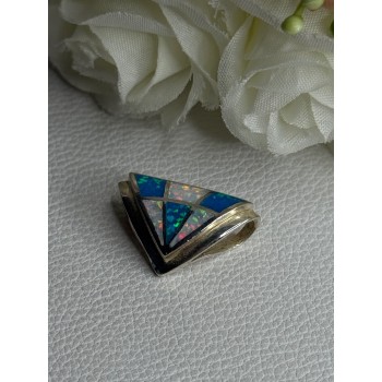 925 Sterling Silver White & Plue Shiny Opal Pendant Length 0.60 Inch