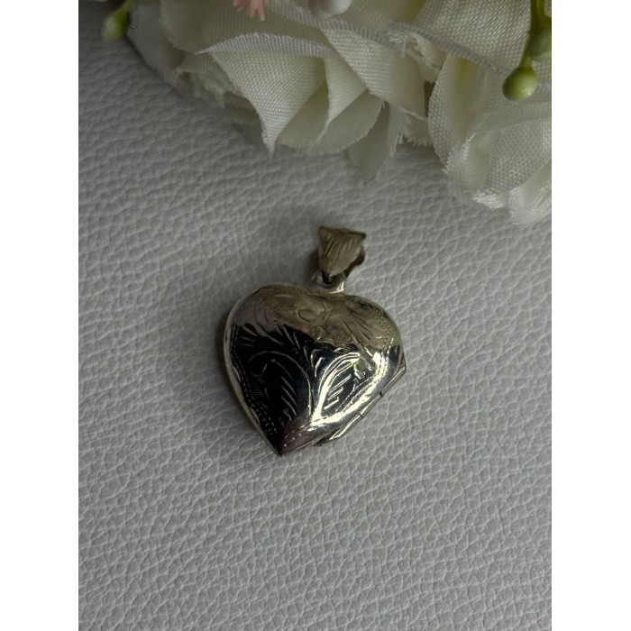 Retro 925 Sterling Silver Etched Heart Locket Pendant Length 1.20 Inch