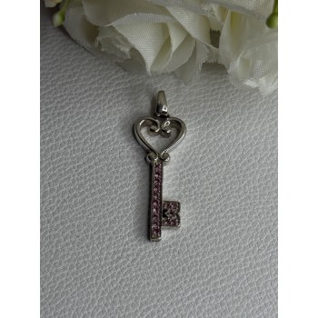 925 Sterling Silver Pink Topaz Key Heart Pendant Length 1.60 Inch