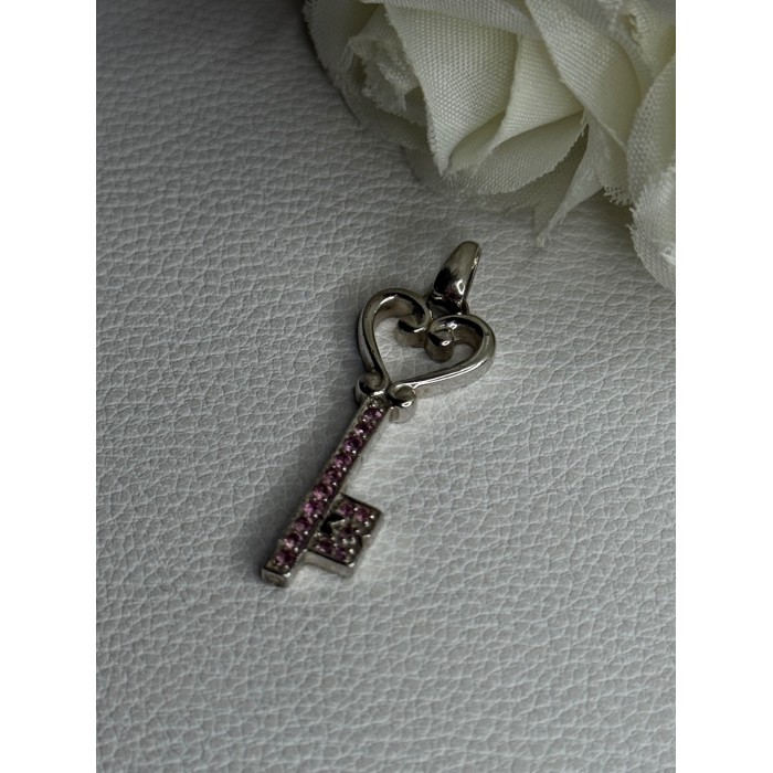 925 Sterling Silver Pink Topaz Key Heart Pendant Length 1.60 Inch