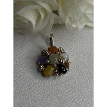 925 Sterling Silver Multi Color Jade Pendant Length 1.20 Inch