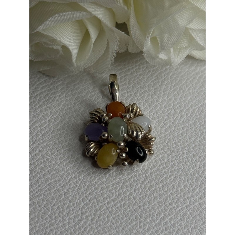 925 Sterling Silver Multi Color Jade Pendant Length 1.20 Inch