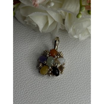 925 Sterling Silver Multi Color Jade Pendant Length 1.20 Inch