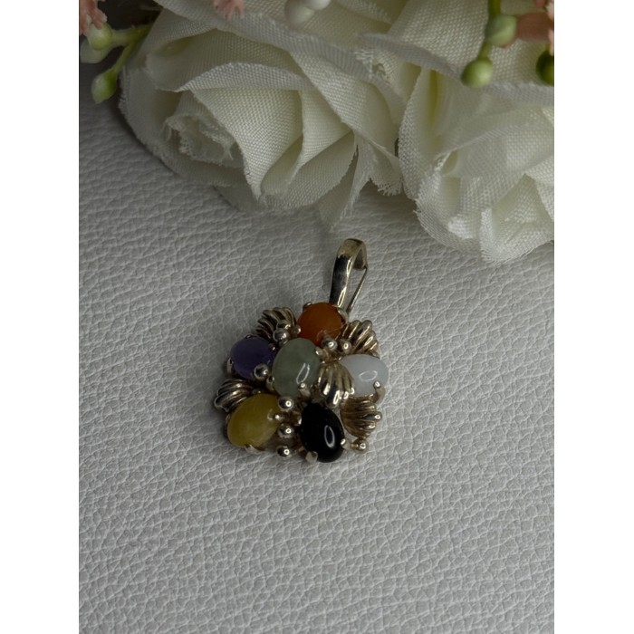 925 Sterling Silver Multi Color Jade Pendant Length 1.20 Inch