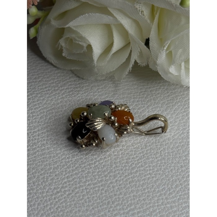 925 Sterling Silver Multi Color Jade Pendant Length 1.20 Inch