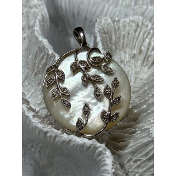 925 Sterling Silver Abalone & Marcasite Pendant Length 1.4 In