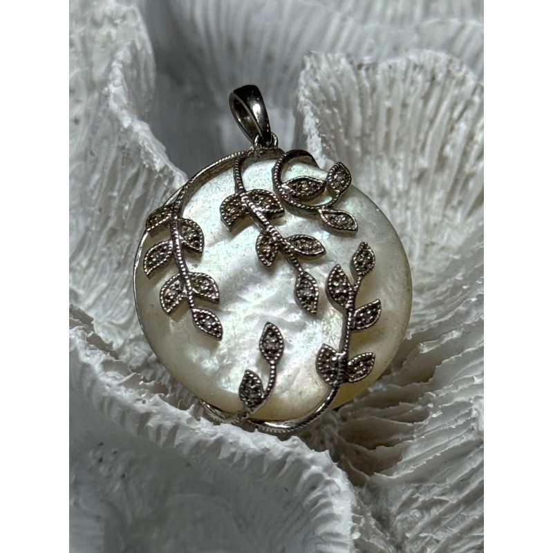 925 Sterling Silver Abalone & Marcasite Pendant Length 1.4 In