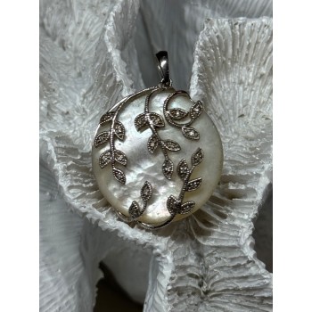 925 Sterling Silver Abalone & Marcasite Pendant Length 1.4 In