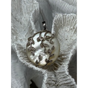 925 Sterling Silver Abalone & Marcasite Pendant Length 1.4 In