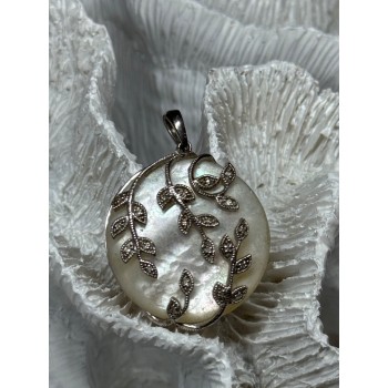 925 Sterling Silver Abalone & Marcasite Pendant Length 1.4 In