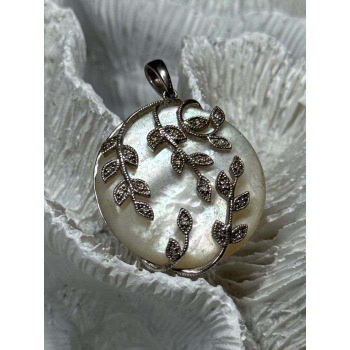 925 Sterling Silver Abalone & Marcasite Pendant Length 1.4 In