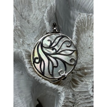 925 Sterling Silver Abalone & Marcasite Pendant Length 1.4 In