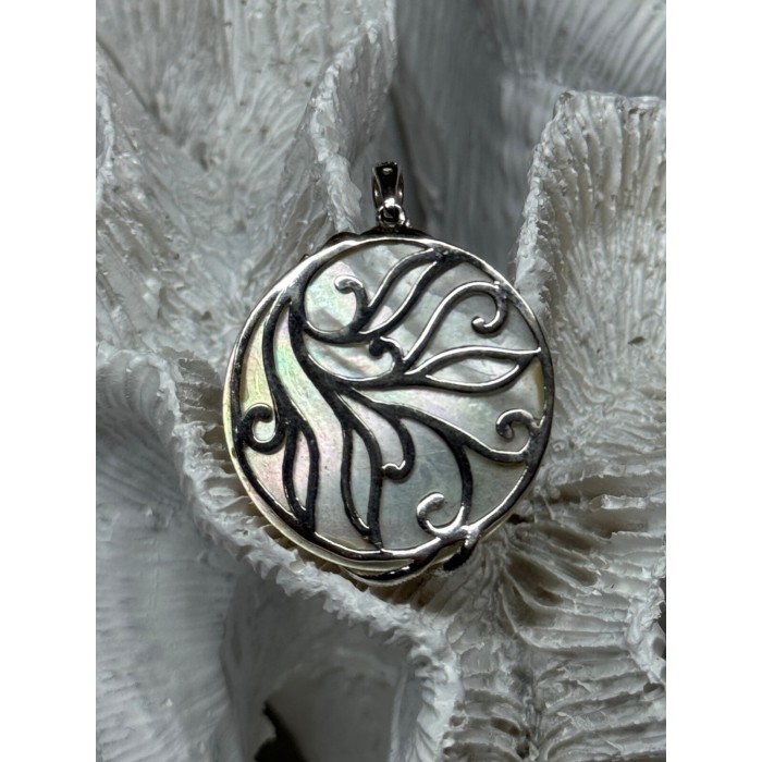 925 Sterling Silver Abalone & Marcasite Pendant Length 1.4 In