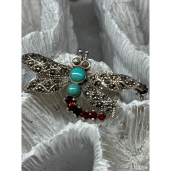 925 STERLING SILVER DRAGONFLY BROOCH TURQUOISE & GARNET LENGTH 1.7 in