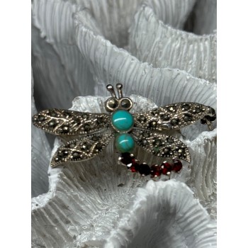 925 STERLING SILVER DRAGONFLY BROOCH TURQUOISE & GARNET LENGTH 1.7 in