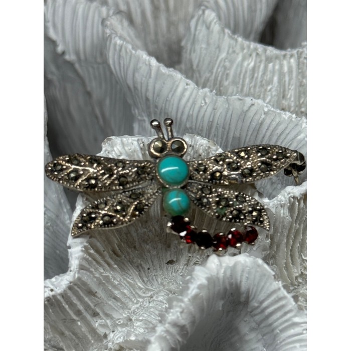 925 STERLING SILVER DRAGONFLY BROOCH TURQUOISE & GARNET LENGTH 1.7 in