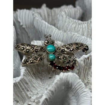 925 STERLING SILVER DRAGONFLY BROOCH TURQUOISE & GARNET LENGTH 1.7 in