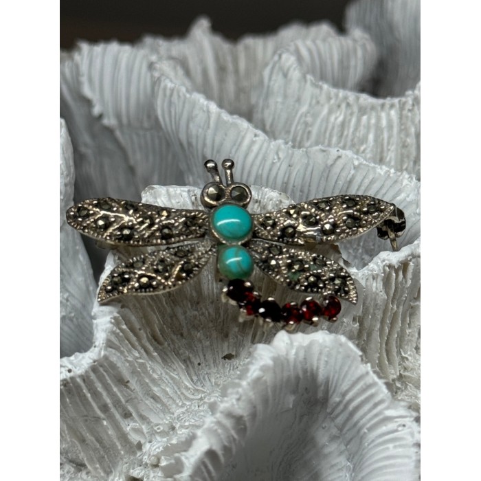 925 STERLING SILVER DRAGONFLY BROOCH TURQUOISE & GARNET LENGTH 1.7 in