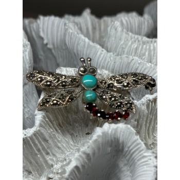 925 STERLING SILVER DRAGONFLY BROOCH TURQUOISE & GARNET LENGTH 1.7 in