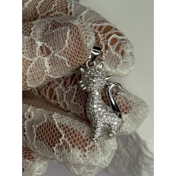925 Sterling Silver Cat CZ Pendant Length 1.3 Inch