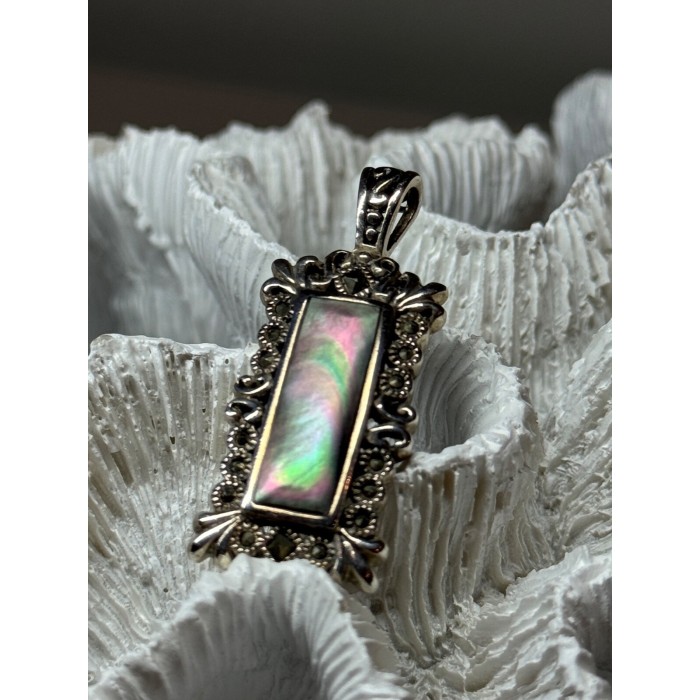 925 Sterling Silver Abalone Pendant Length 1.6 In