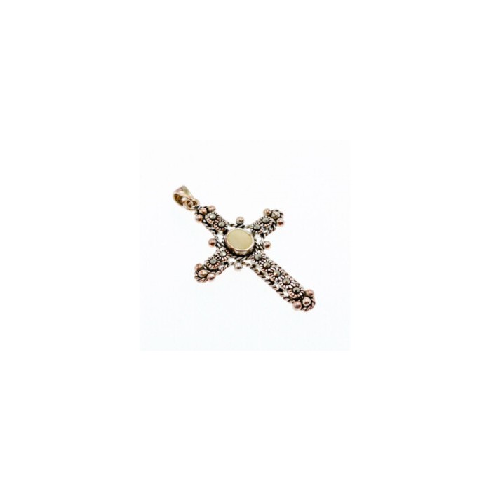 925 Sterling Silver Mother Of Pearl & Marcasites Cross Pendant